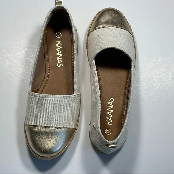 KAANAS Women's Espadrilles Sz 10 Marseille Cap Toe Two Toned Gold Jute Leather - Picture 7 of 8